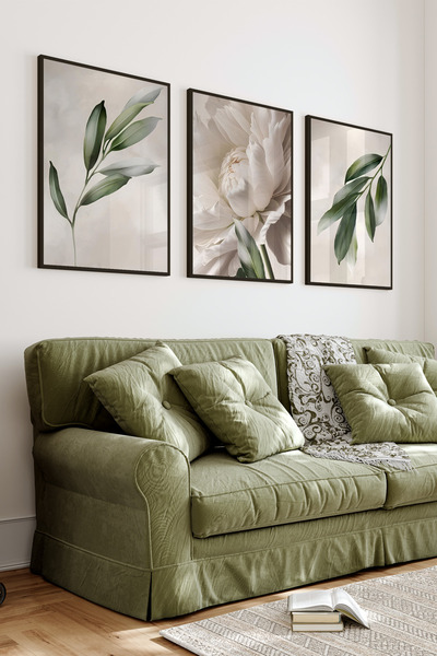 kutuTR Siyah Çerçeveli 2D Uv Baskı 3’lü Mdf Tablo Set – Beyaz Çiçek Ve Yeşil ...