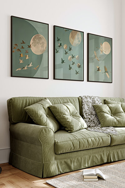kutuTR Siyah Çerçeveli 2D Uv Baskı 3’lü Mdf Tablo Set –Kuşlar Ve Ay Temalı-Si...