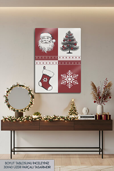 DekorHane New Year Concept Metal Print Painting, Pine Tree, Santa Claus, New Year Gift, Merry Christmas