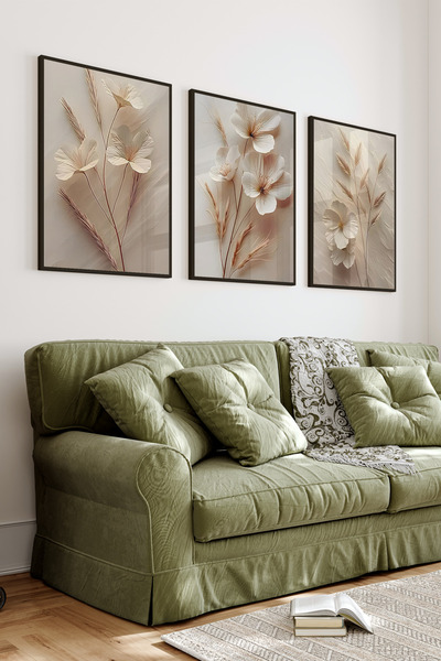 kutuTR Siyah Çerçeveli 2D Uv Baskı 3’lü Mdf Tablo Set –Çiçek Ve Buğday Başakl...