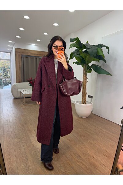 2she Long Boucle Coat with Pockets - Burgundy