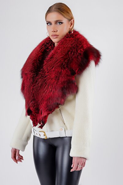 Leather Club Beyaz Kırmızı Hakiki Deri Aksesuarlı Yün Kaban