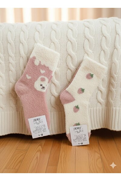 TChic 2 Pairs of Pink Teddy Bear and Strawberry Patterned Plush Socks
