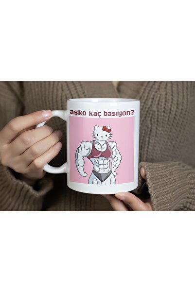 Beramussa Aşko Kaç Basıyon Yazılı Kaslı Hello Kitty Motivasyon Kupa Bardak