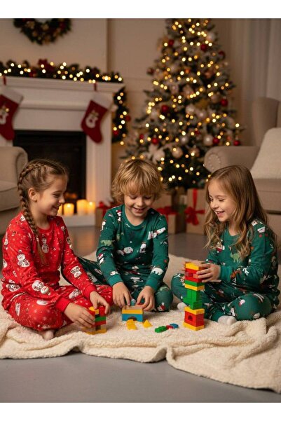 Yeşil %100 pamuklu unisex yılbaşı çocuk pijama takımı