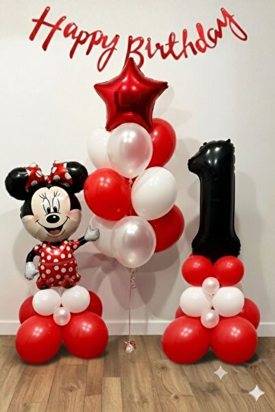 PARTİAVM Minnie Mouse Temalı 1 Yaş İçin Siyah Rakamlı Balon Standı Seti Kırmı...