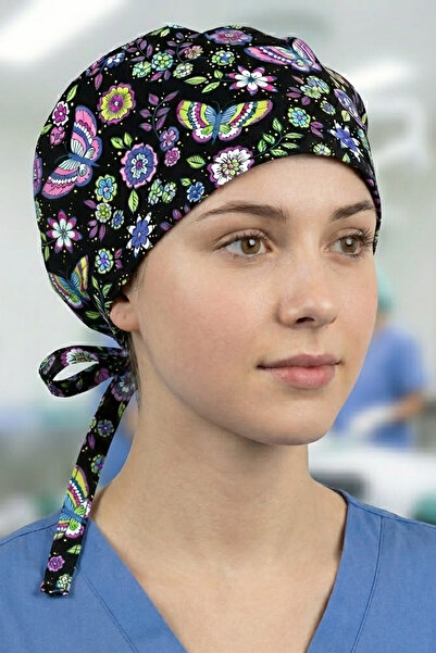 Lion Üniforma Siyah Kelebek Desenli Cerrahi Bone Unisex – Likralı Doktor Hemş...