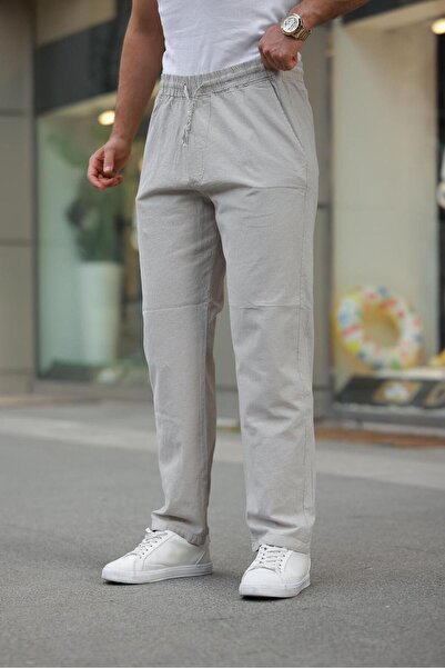 NERA GİYİM Raw Linen Elastic Waist Gray Men's Trousers