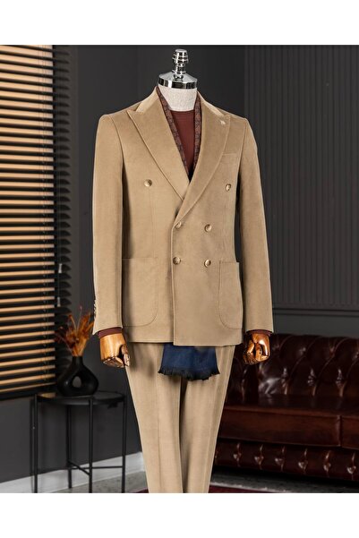 TerziAdemAltun Italian Style S Slim Fit K Double-Breasted Velvet Jacket Trousers Suit Camel T14975