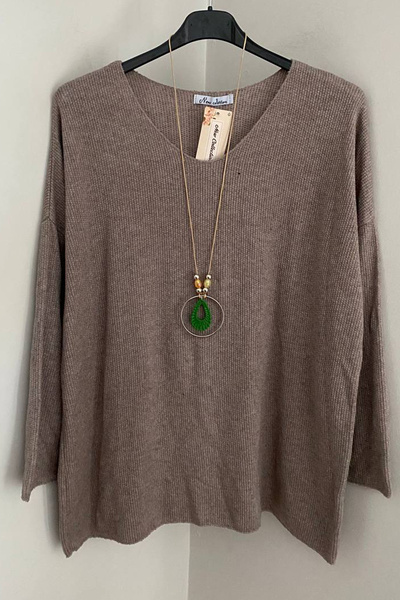 AYASOFYA OTANTIK Women's Italian Mink V-Neck Oversized Casual Textured Knitwe...