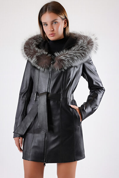 Leather Club Siyah Kapüşon Aksesuarlı Hakiki Deri Ceket