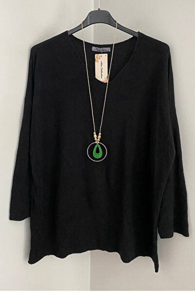 AYASOFYA OTANTIK Γυναικεία ιταλική μπλούζα με μαύρο λαιμόκοψη σε σχήμα V με αξεσουάρ oversized Casual πλεκτό τούνικ με υφή