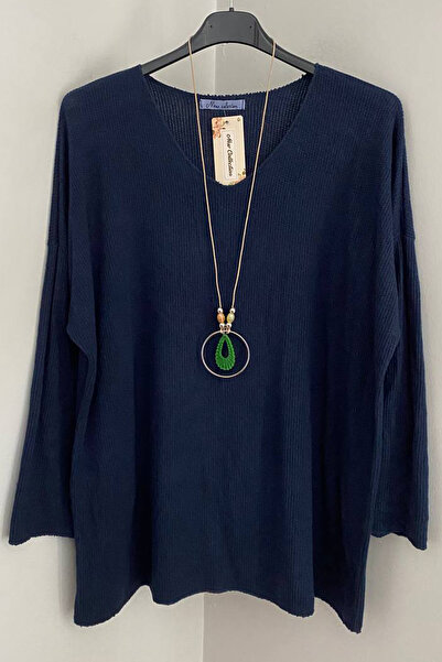 AYASOFYA OTANTIK Women's Italian V-Neck Oversized Casual Textured Knitwear Bl...