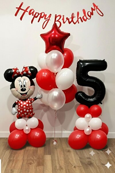 PARTİAVM Minnie Mouse Temalı 5 Yaş İçin Siyah Rakamlı Balon Standı Seti Kırmı...