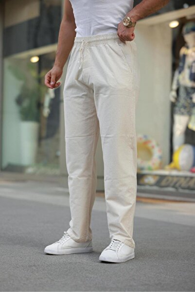 NERA GİYİM بنطلون رجالي من الكتان الخام بخصر مطاطي بلون إكرو