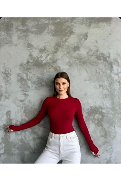 Moda Banuş Burgundy Finger-Looped Buzzy Stretchy Fabric Bodysuit