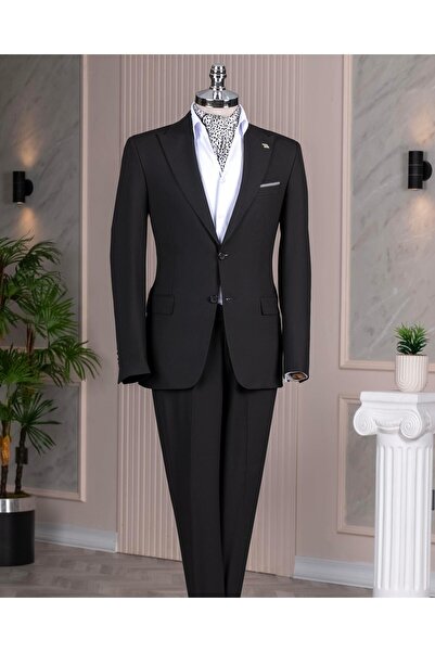 TerziAdemAltun Italian Style S Slim Fit Peaked Lapel Jacket Vest Pants Suit Black T14289