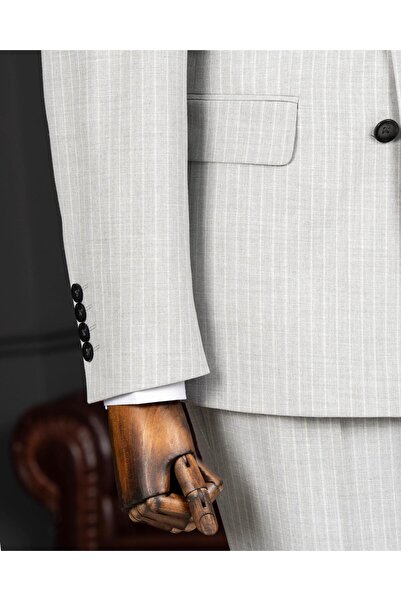 TerziAdemAltun Italian Style S Slim Fit K Double-Breasted Striped Jacket Pants Suit Gray T14407