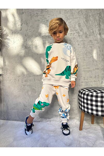 sobekidstore Boys' Tracksuit Set 3Ip Cotton Top and Bottom Set Dinosaur Detail Casual