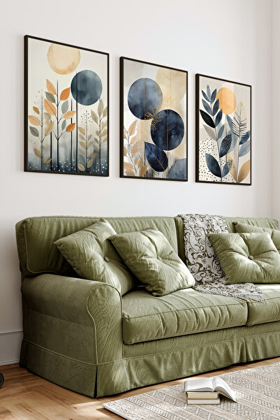 kutuTR Siyah Çerçeveli 2D Uv Baskı 3’lü Mdf Tablo Set –Soyut Bitki Ve Yaprak ...