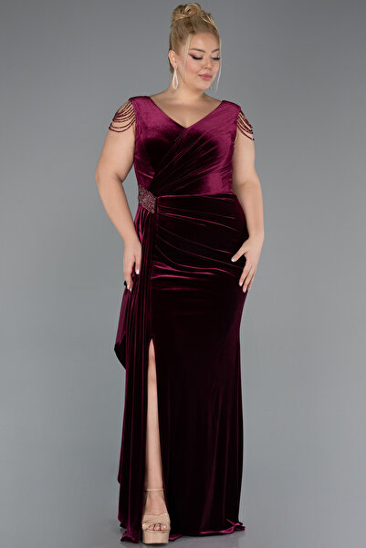 Abiyefon Bordo V Yaka Yırtmaçlı Uzun Kadife Büyük Beden Abiye ABU5428