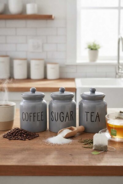 Dekorasyaa طقم 3 برطمانات سيراميك للشاي والقهوة والسكر مع أغطية - لون أنثراسيت