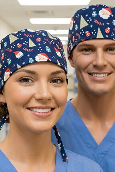 Lion Üniforma Noel Desenli Cerrahi Bone Unisex – Likralı Doktor Hemşire Bonesi