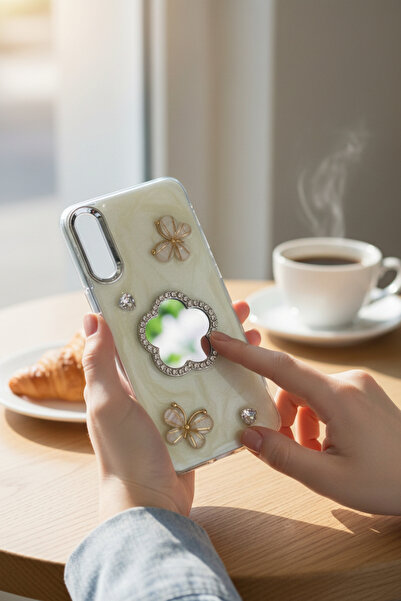 batuteknoloji Samsung Galaxy A50 Aynalı Taşlı Fiyonklu Kabartma Yüzeyli Lady ...