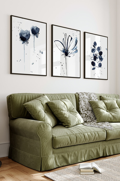 kutuTR Siyah Çerçeveli 2D Uv Baskı 3’lü Mdf Tablo Set –Minimal Çiçek Ve Yapra...