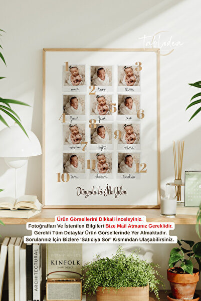 tablodea Dünyadaki İlk Yılım Fotoğraf Baskısı Kişiye Özel Tasarım Çerçeveli Poster TD Bebek 1 Yaş Anı Tablosu