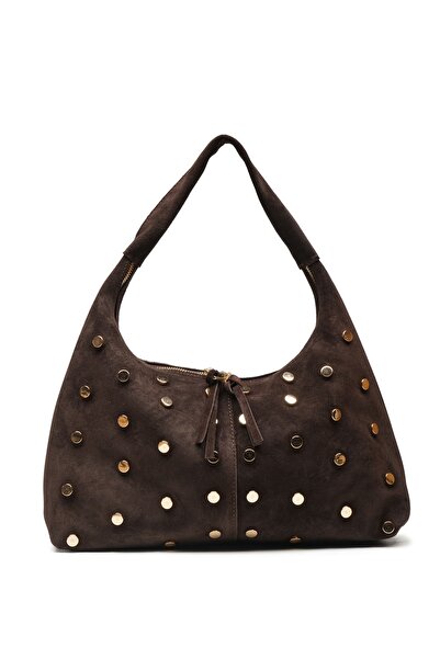 LOTUSVİE Kadın Hakiki Deri Zımba Detaylı Kahverengi Shopper Çanta