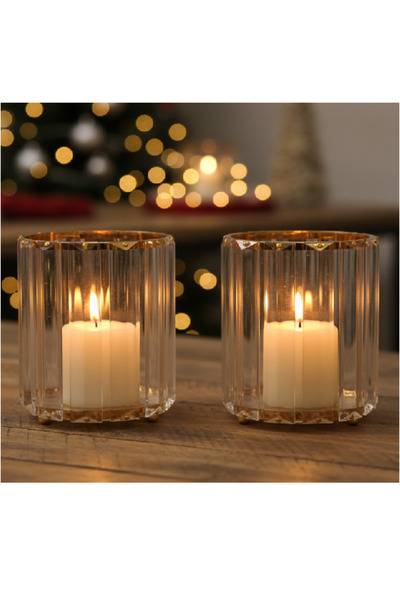 Flower Toys Dekoratif Dikey Camlı Gold Detaylı Mumluk 2 Adet