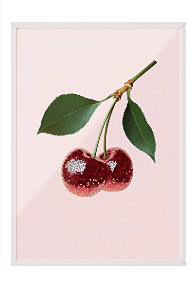 Zestia Pictură de perete înrămată în alb, ilustrație cu cireșe roșii străluci...