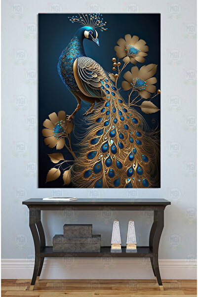 Mgi Design Altın Detaylı Tavus Kuşu Kanvas Tablo Mavi ve Altın Rengi Lüks Dek...