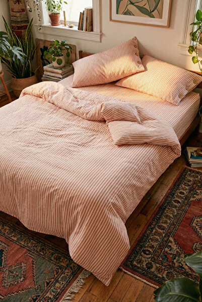 Morlay Pure |   Fine Line Duvet Cover Set Double - Oxford Design with 3 Wooden Buttons - Wide Sheet Included