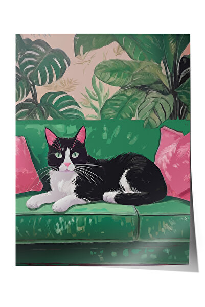 Zestia Poster Botanik Pisică pe Scaun – Decor pentru Living în Tonuri Verzi