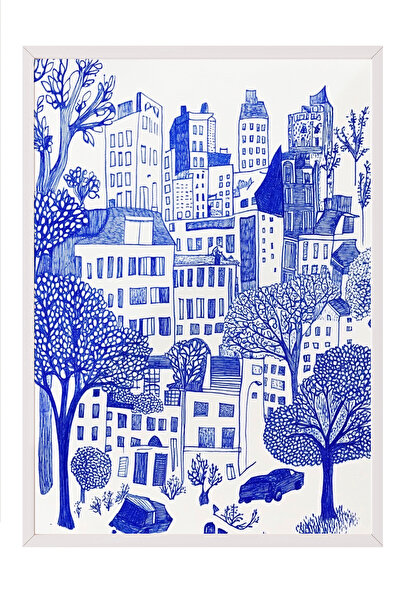 Zestia Ζωγραφική τοίχου με λευκό πλαίσιο, μπλε σχέδιο με θέμα τον αστικό τοπί...