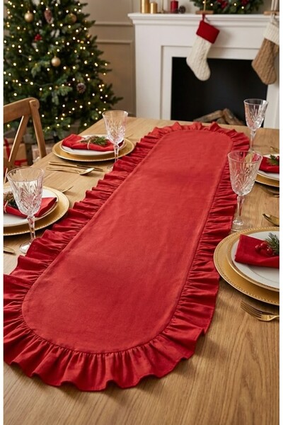 Mery Tekstil New Year's Special Ruffled Red Stylish Oval Runner 40X140 cm