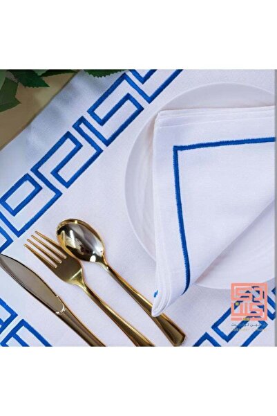 Dakakeen Concept طقم طاولة طعام فاخر من دكاكين الخير، تصميم هندسي مستوحى من حضارة الأزتك باللون الأزرق - مجموعة من 12 قطعة