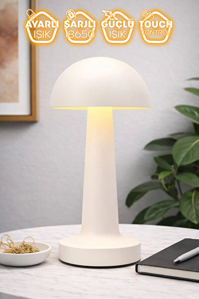 Nikadu Şarjlı Mantar Masa Lambası Metal Dokunmatik 3 Işık Parlaklık Ayarlı Ge...