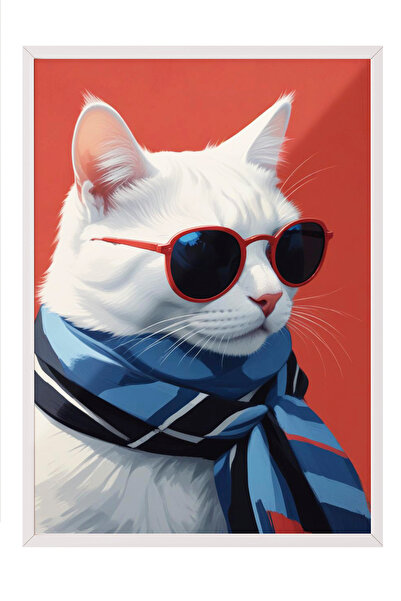Zestia Pictură de perete înrămată albă Portretul unei pisici albe cu ochelari...