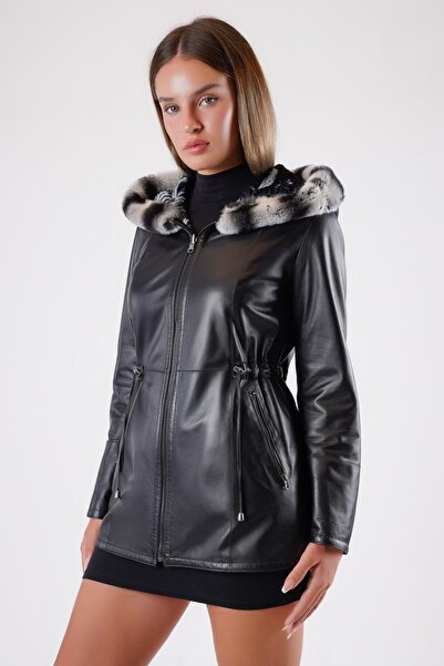 Leather Club Siyah Çift Taraflı Yün Aksesuarlı Hakiki Deri Ceket