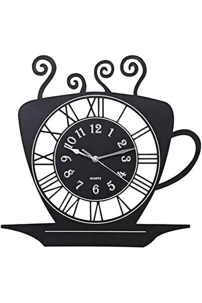 The Bros ساعة حائط بلاستيكية ضحلة على شكل فنجان شاي، مناسبة للمطبخ وغرفة الطعام وغرفة المعيشة، لون أسود
