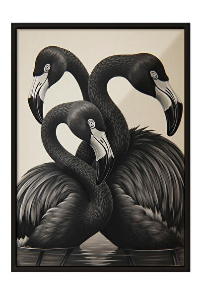 Zestia Ζωγραφική τοίχου με μαύρο πλαίσιο Τριπλό Φλαμίνγκο σε μαύρους τόνους Μ...