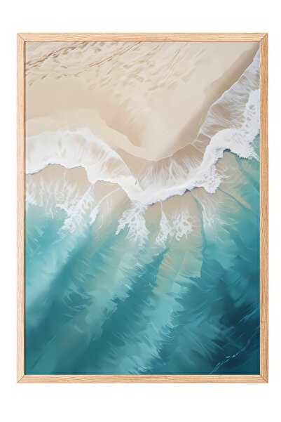 Zestia Ζωγραφική τοίχου με ξύλινο πλαίσιο, τιρκουάζ θέα στην παραλία με κύματ...