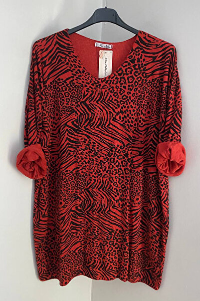 AYASOFYA OTANTIK Bluză tunică extra lungă pentru femei, roșu italian, cu decolteu în V, cu imprimeu leopard și zebră