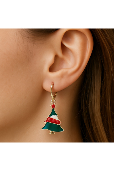 Bittox Yılbaşı Temalı Noel Baba ve Noel Ağacı Figürlü Sallantılı Kadın Küpe-Yılbaşı Kombin Küpesi