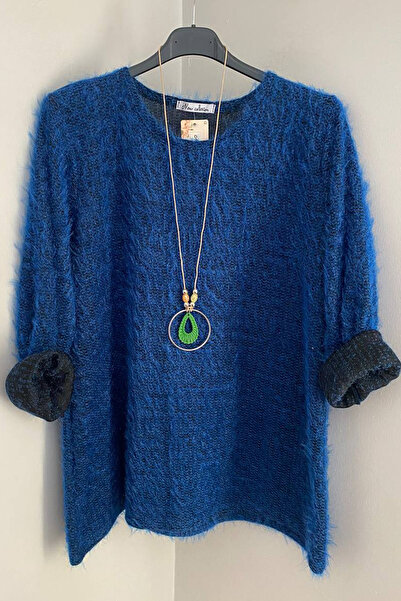 AYASOFYA OTANTIK Pulover pentru femei, italian, albastru cobalt albastru, cu gât rotund, cu accesorii pentru colier, tricotaje cu barbă, bluză