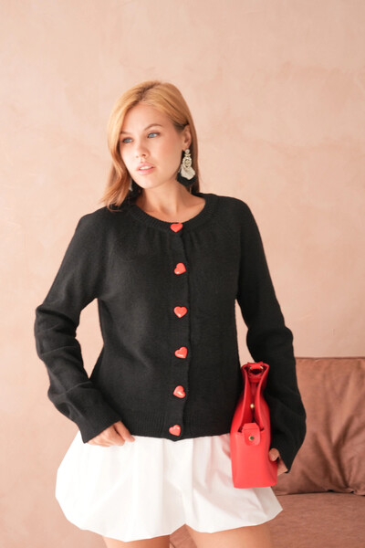 Park Karon Women's Crew Neck Heart Button Detail Soft Textured Knitwear Jacket 8569Sw