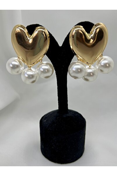 Mila Lumiere Curved Heart Plate Top Pearl Dangle Gold Earrings